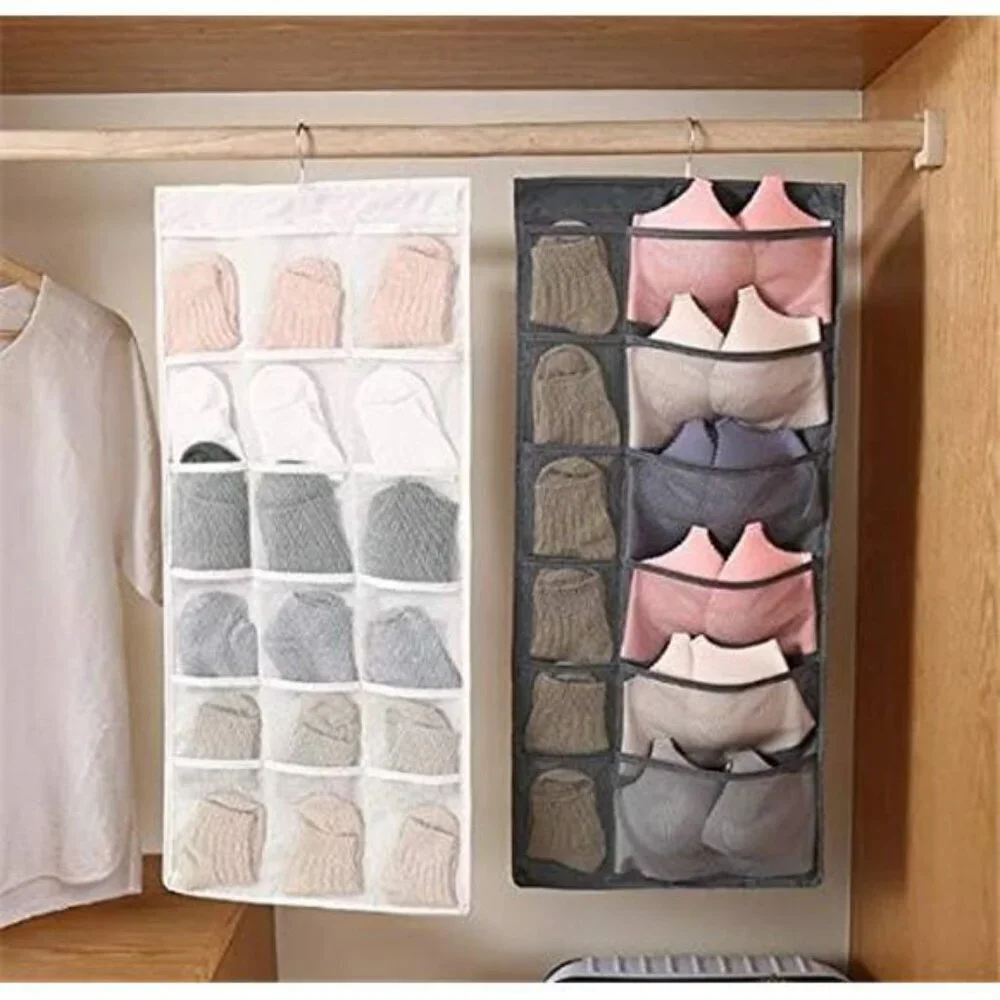 Closet Hanging Organizer Dual Sided with Mesh Pockets for Bras Underwear Socks